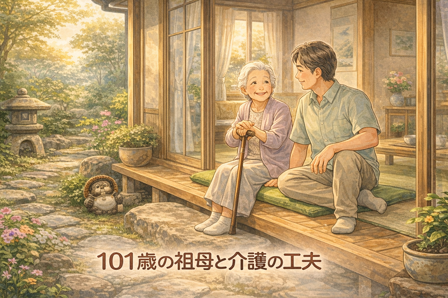 101歳の祖母と孫の団欒イラスト