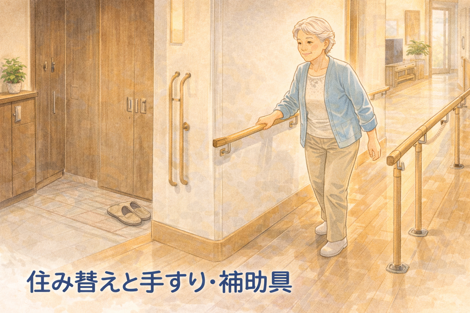 手すりを使って歩く女性のイラスト