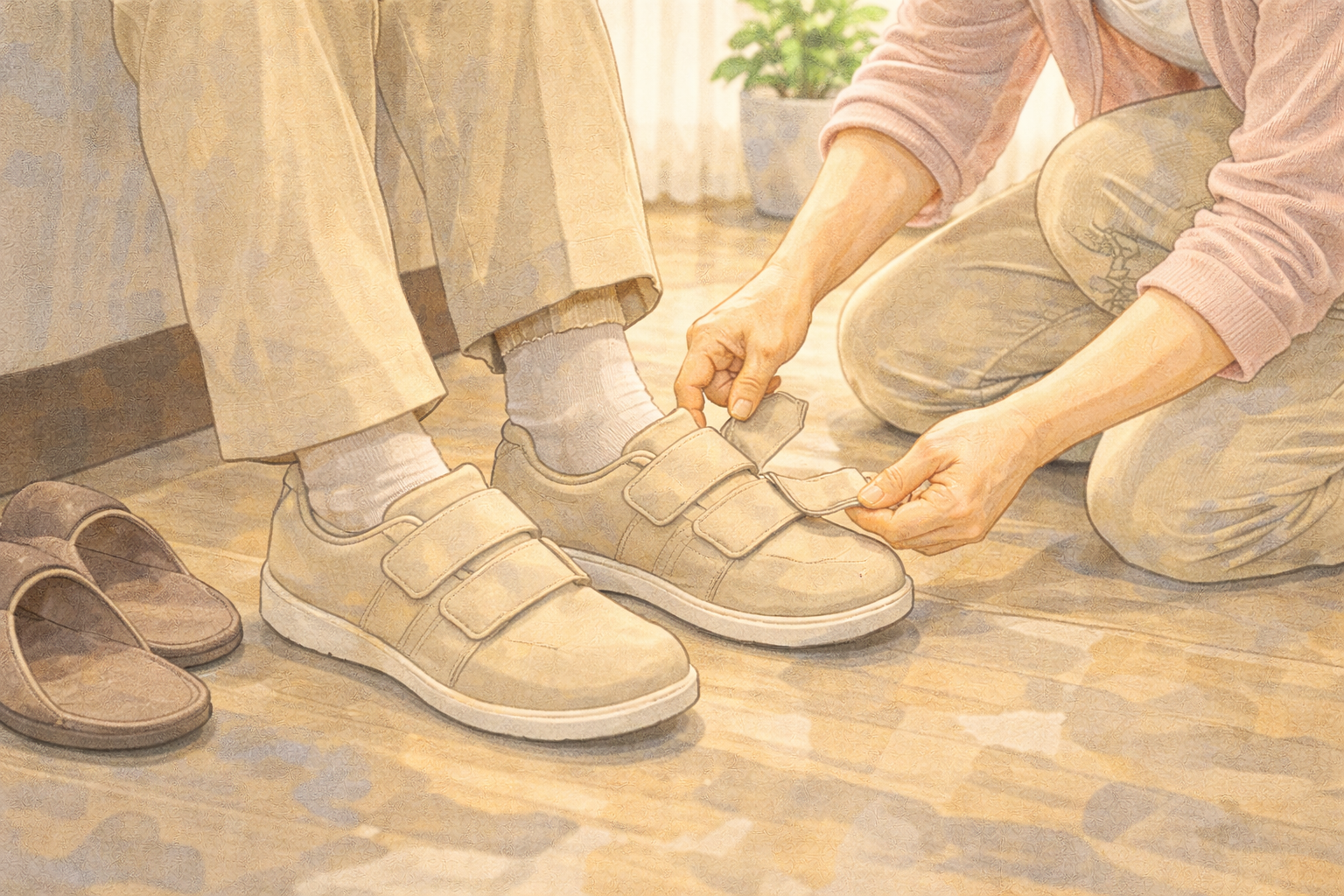 介護シューズを履かせてあげるイラスト