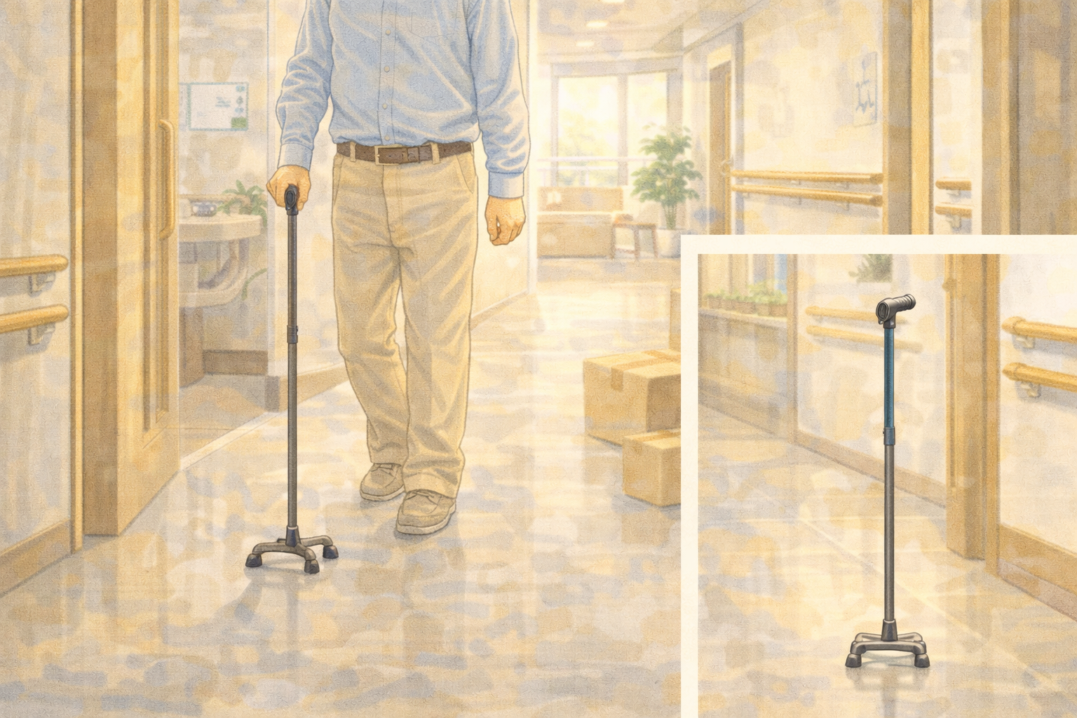 4点杖で廊下を歩く男性のイラスト