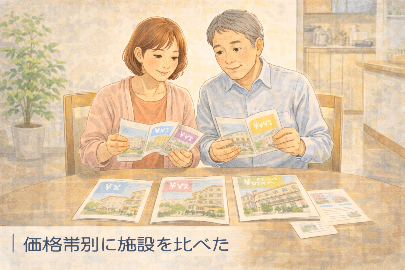 夫婦で施設パンフレットを見比べるイラスト