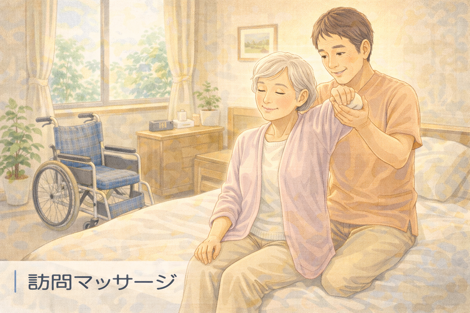 施設の居室で訪問マッサージを受ける高齢女性のイラスト