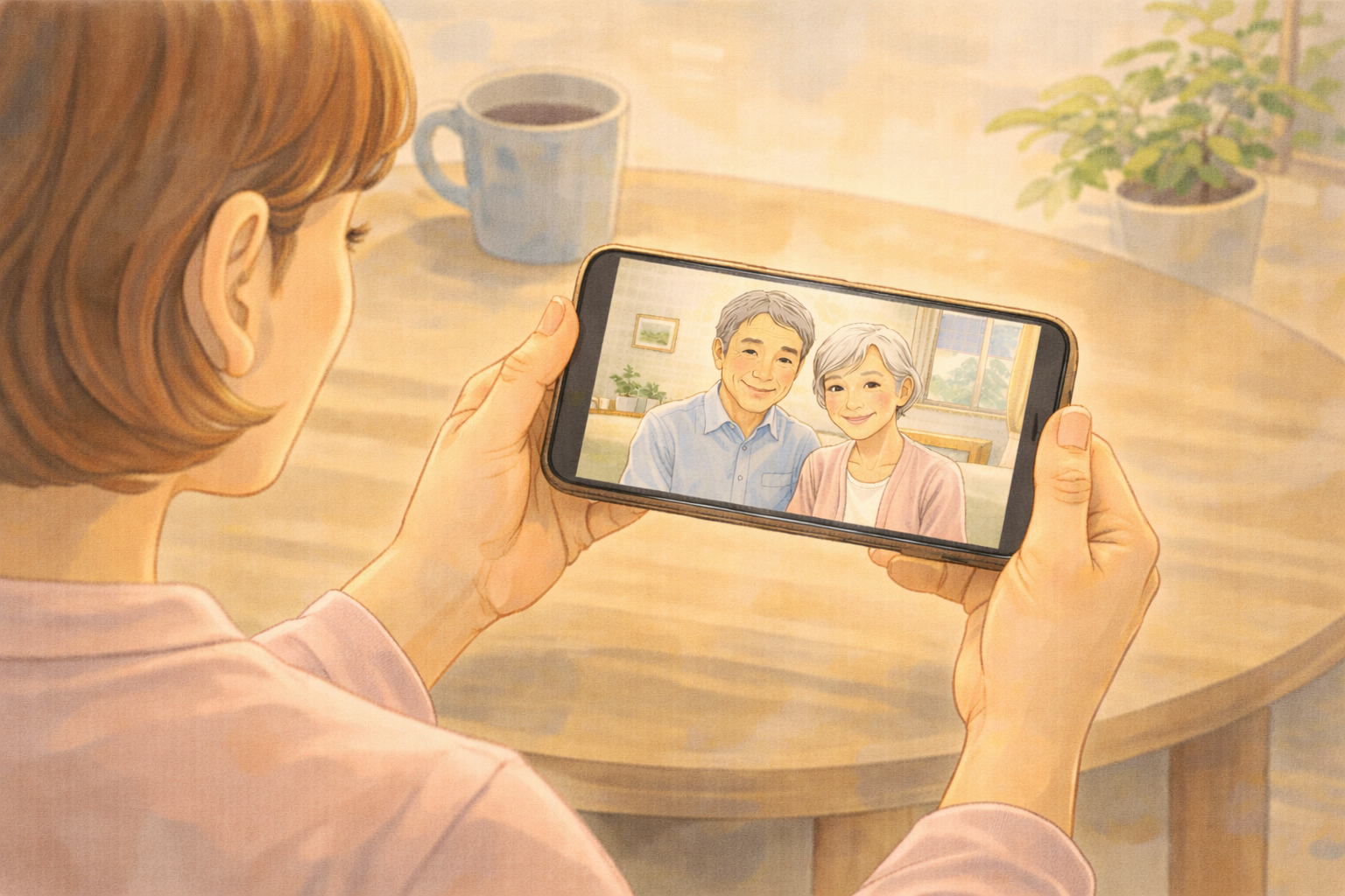 スマートフォンで高齢者の様子を見守る家族のイラスト