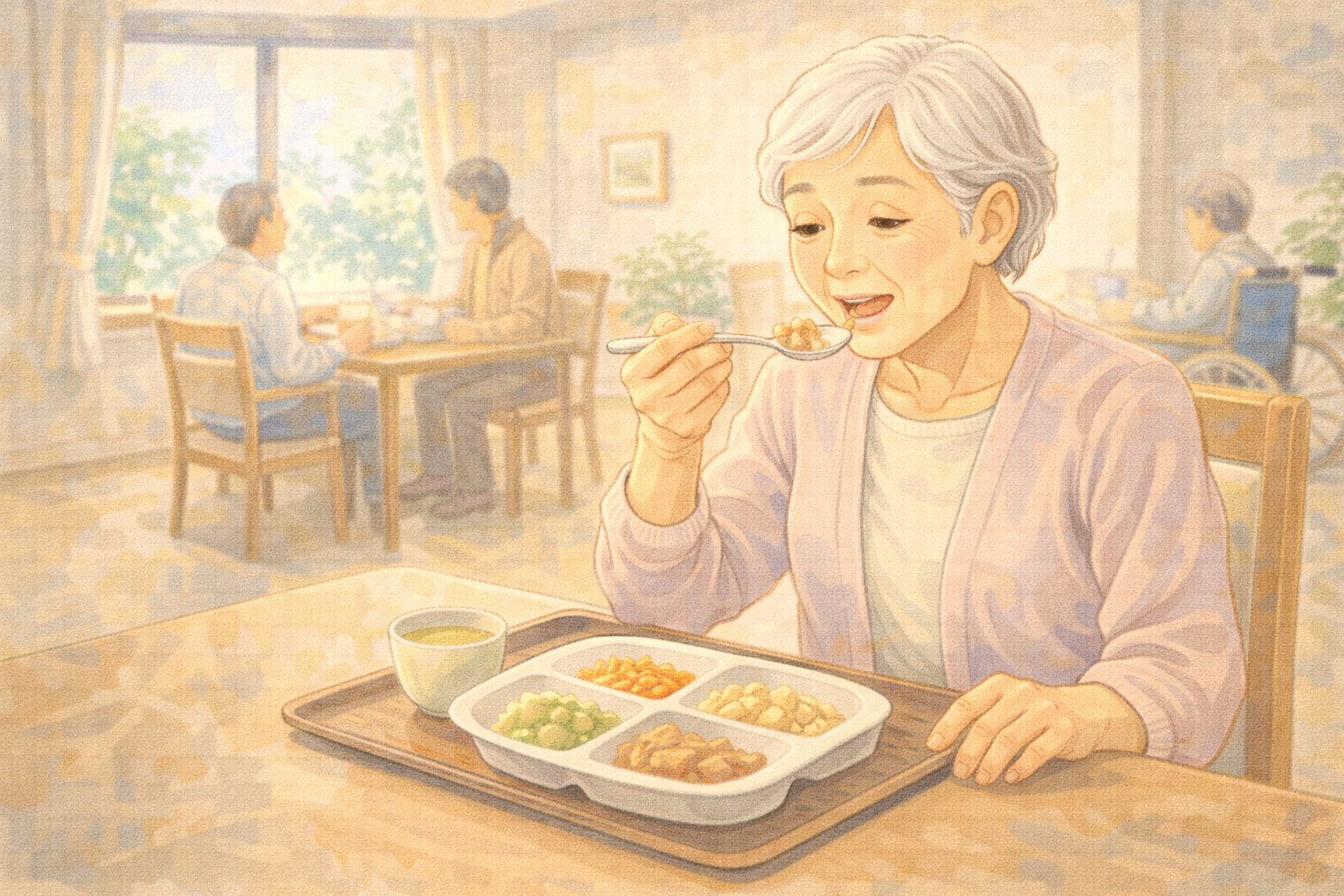 食事をサポートされる高齢女性のイラスト