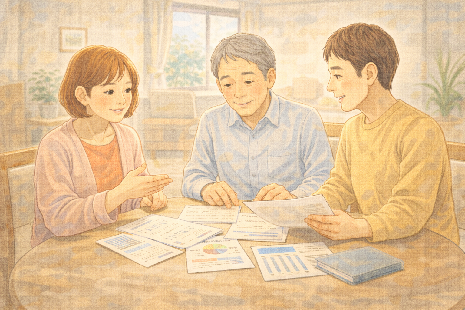 家族で話し合うイラスト、認知症と家族信託