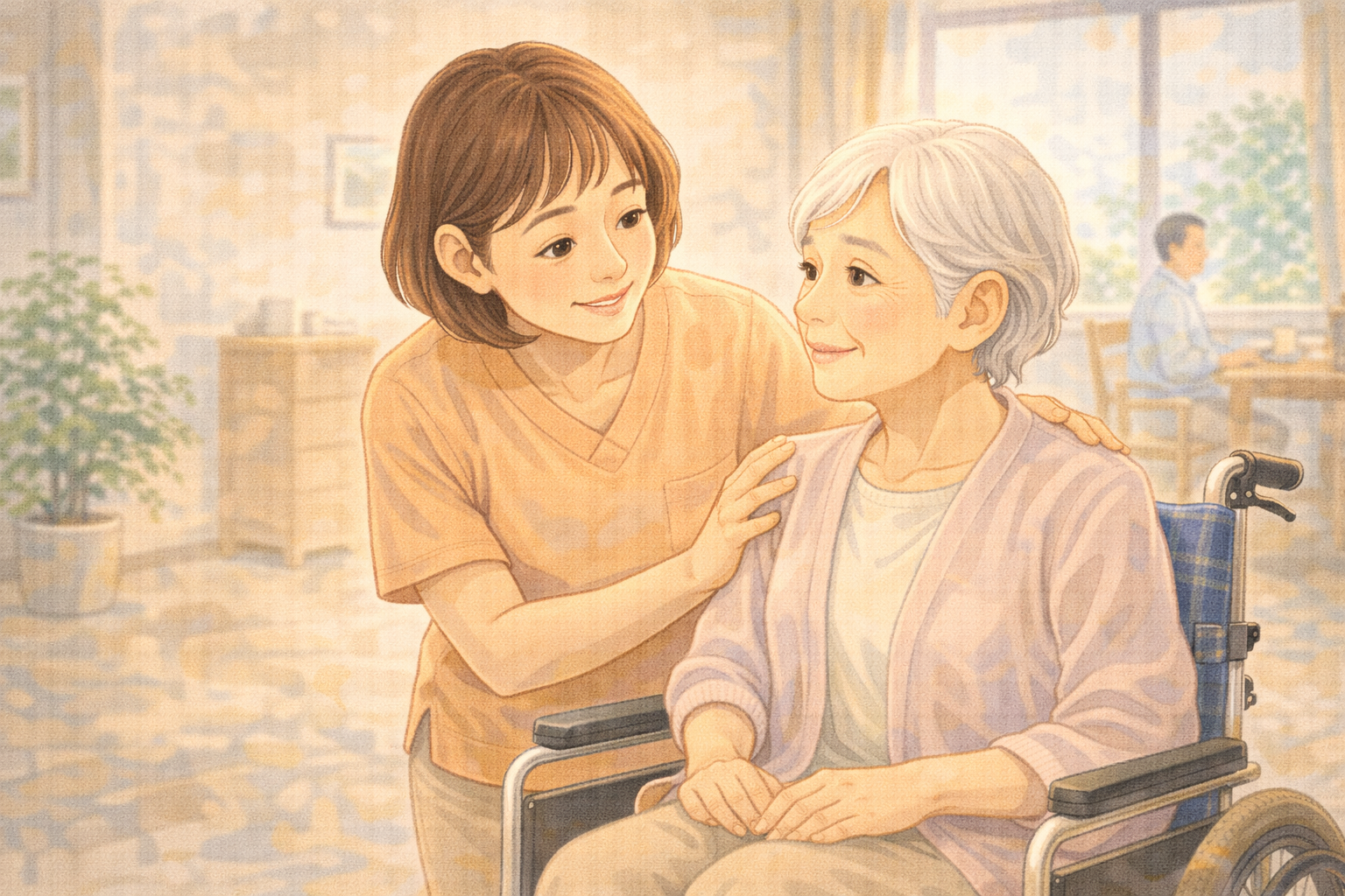 施設スタッフが高齢者に寄り添うイラスト