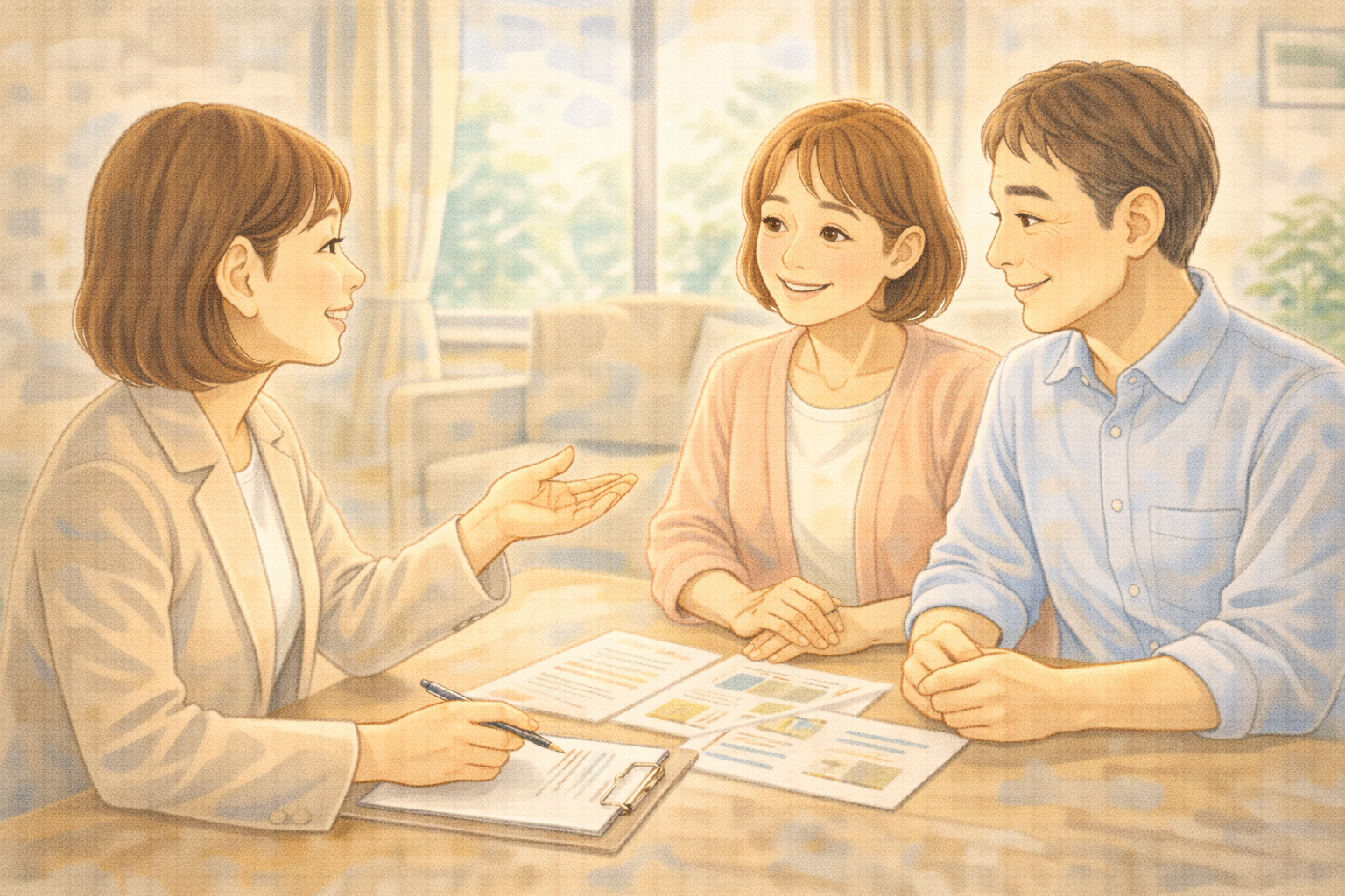 ケアマネジャーと家族が話し合うイラスト