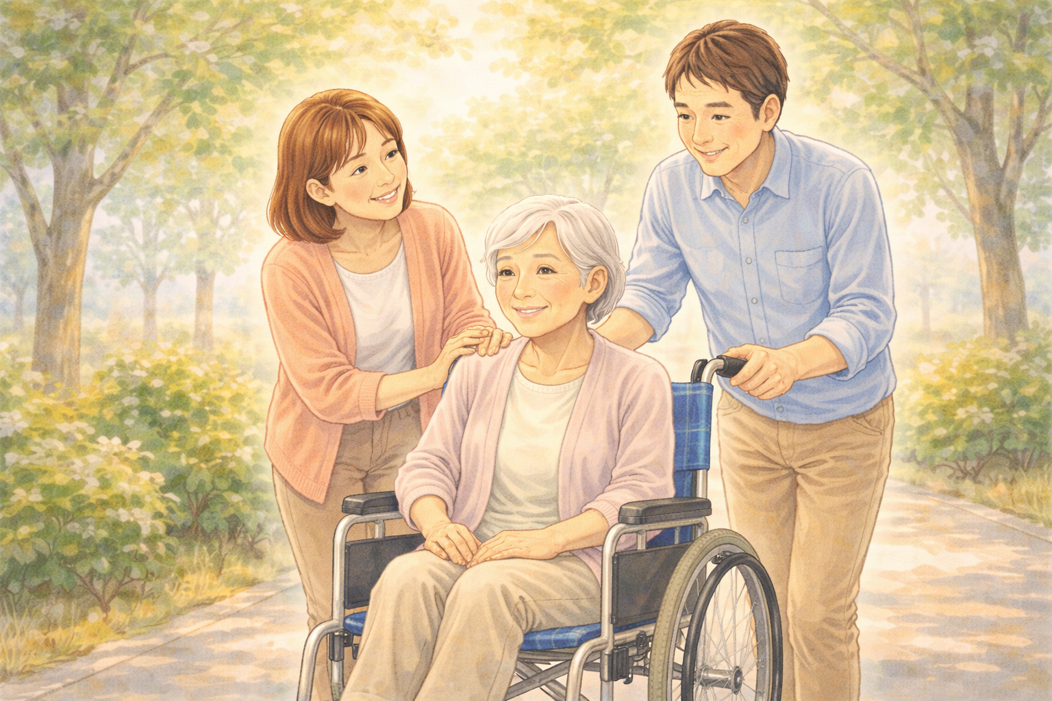 車椅子を押す家族のイラスト