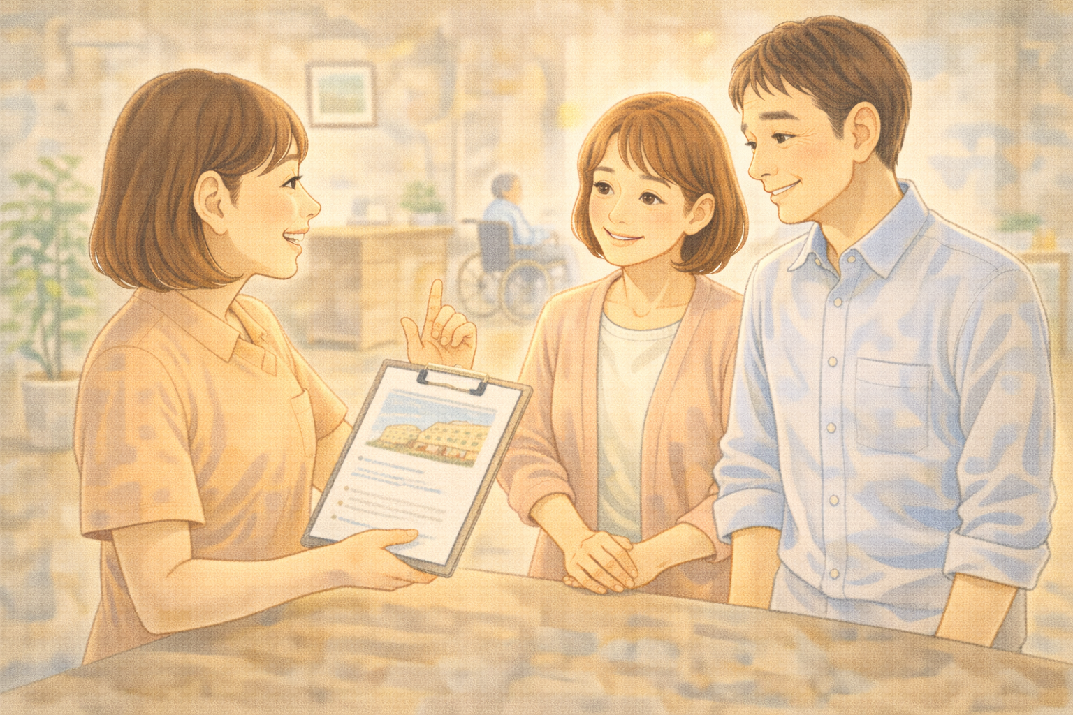 施設の説明を受ける家族のイラスト