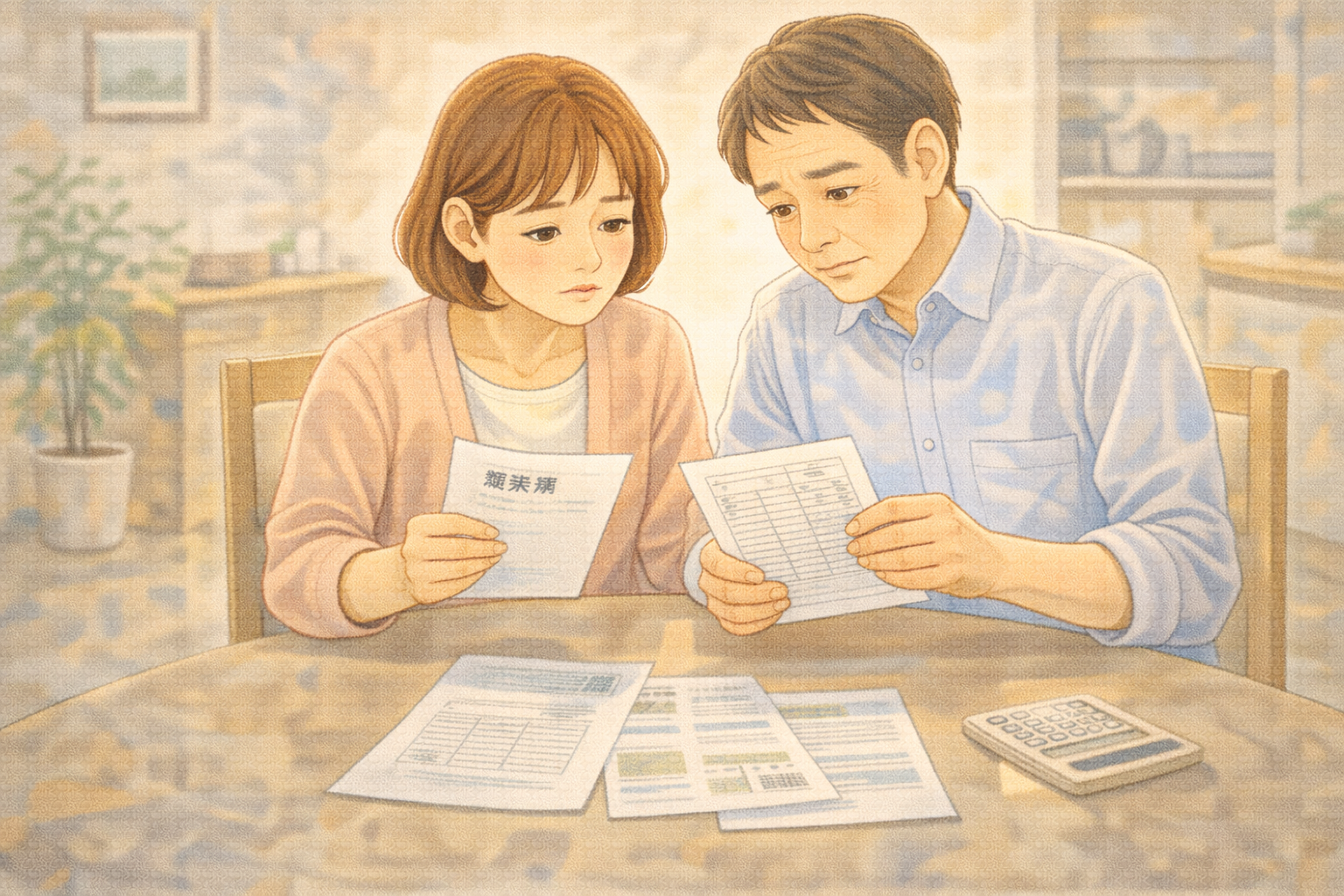 施設費用の明細を見る家族のイラスト