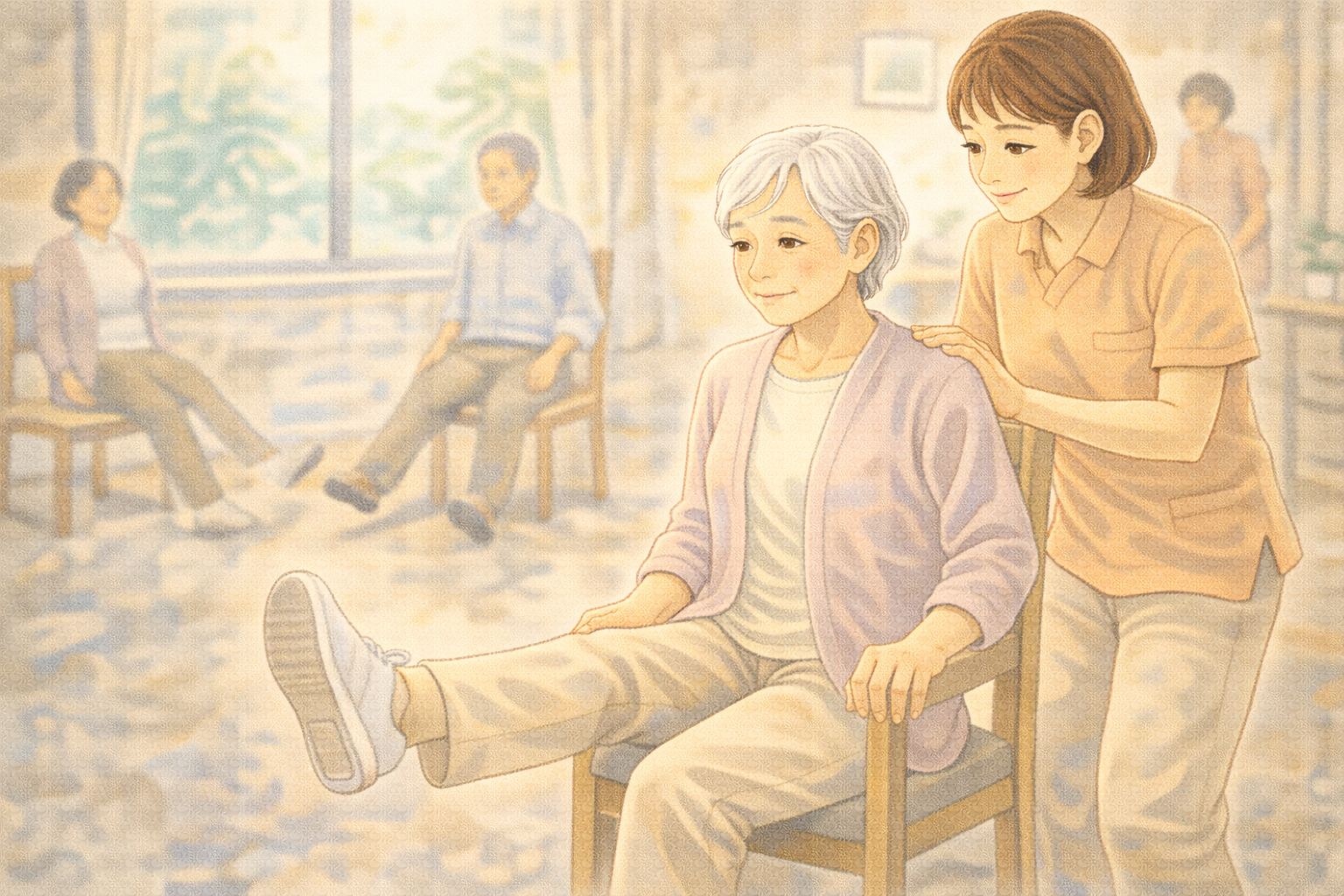 デイサービスで運動する高齢者のイラスト