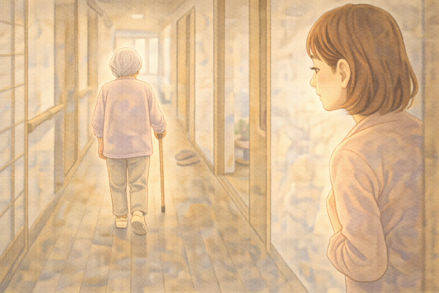 廊下をすり足で歩く高齢者を見守る家族のイラスト