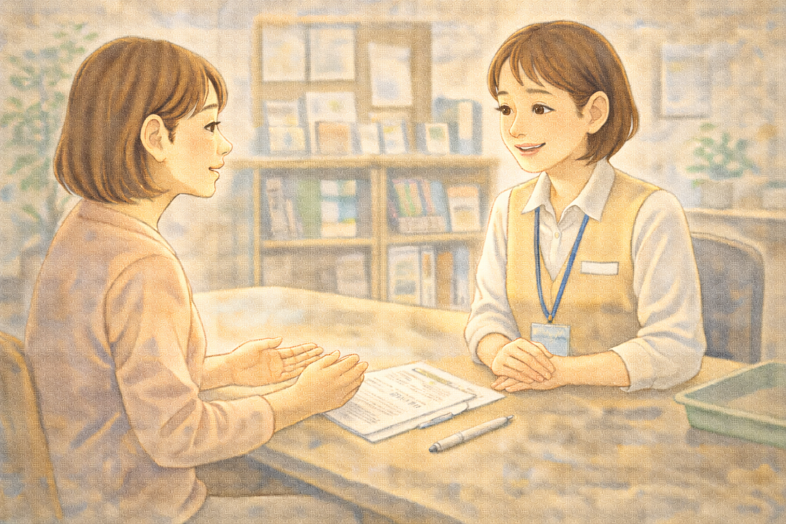 地域包括支援センターで相談する女性のイラスト