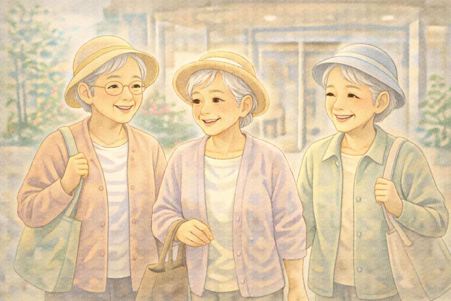 施設の玄関で笑顔で外出する高齢者のイラスト