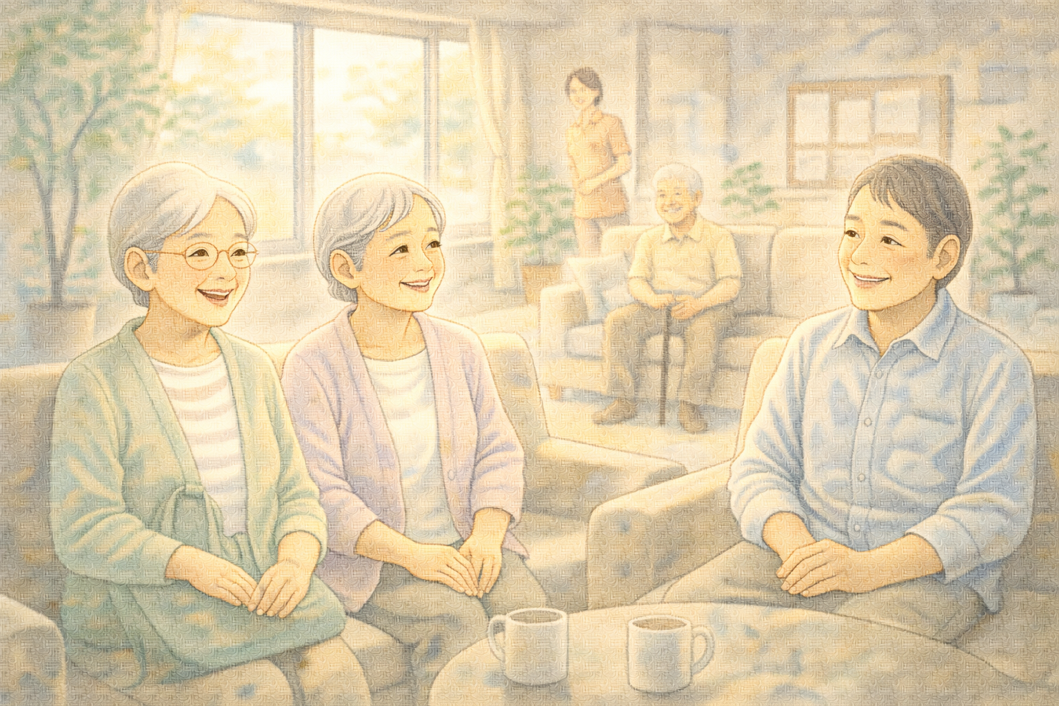 施設のロビーでお迎えを待つ高齢者たちのイラスト